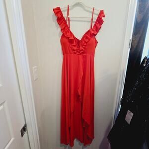 Lovesong Ruffled Midi Dress Red Sleeveless Off Shoulder Lined Plunge Zip Prom M